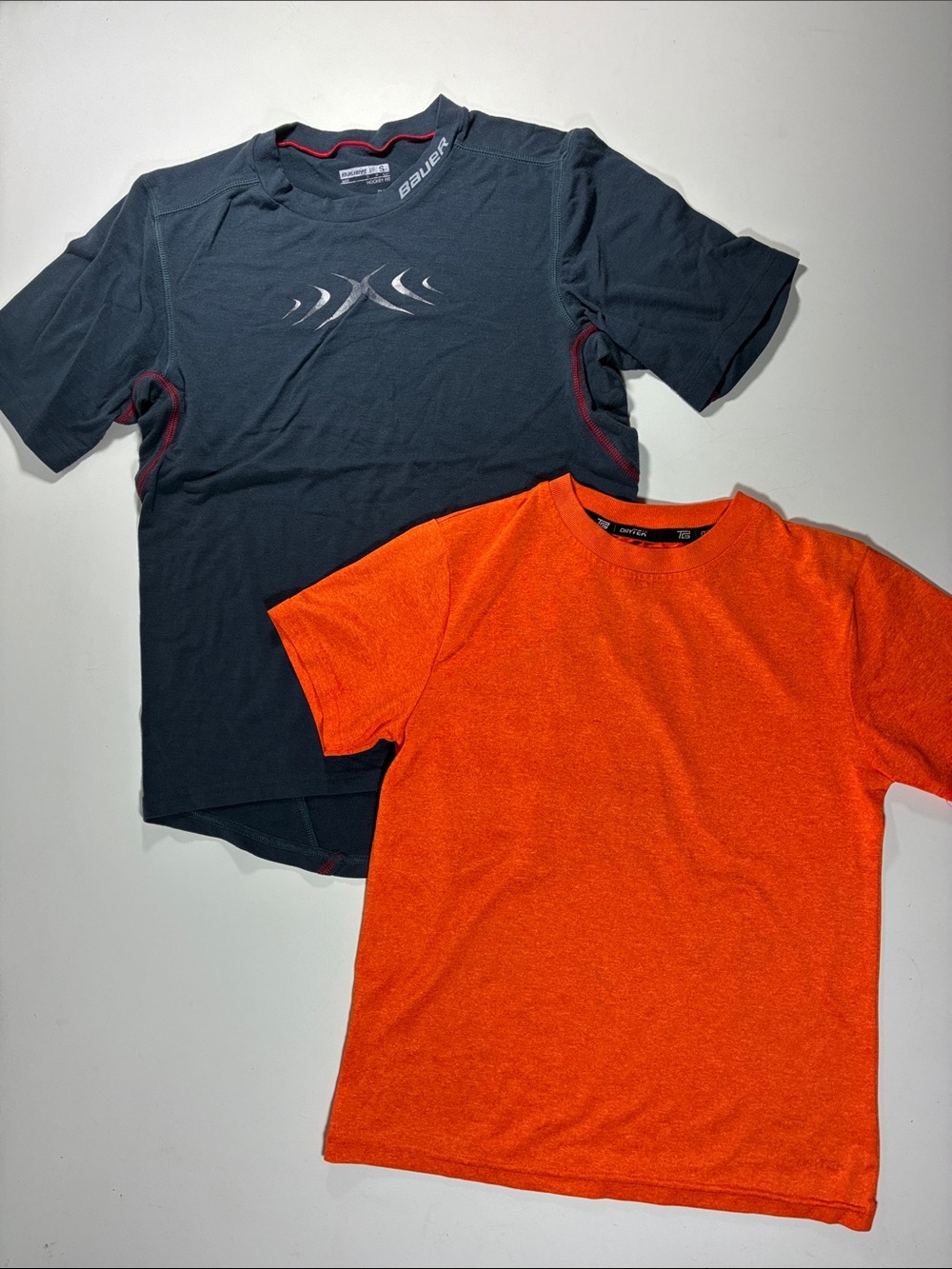 Bauer Dark Gray Performance Tee & Tek Gear  Bright Orange Active Crew, size S